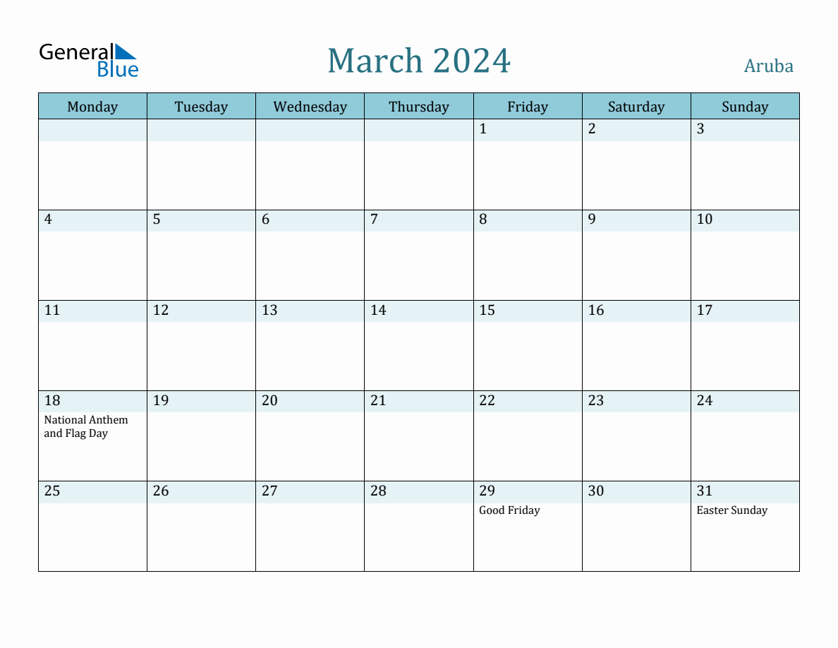 Aruba Holiday Calendar for March 2024