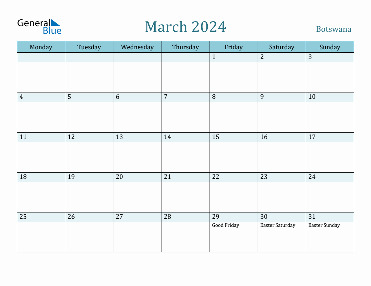 Botswana Holiday Calendar for March 2024