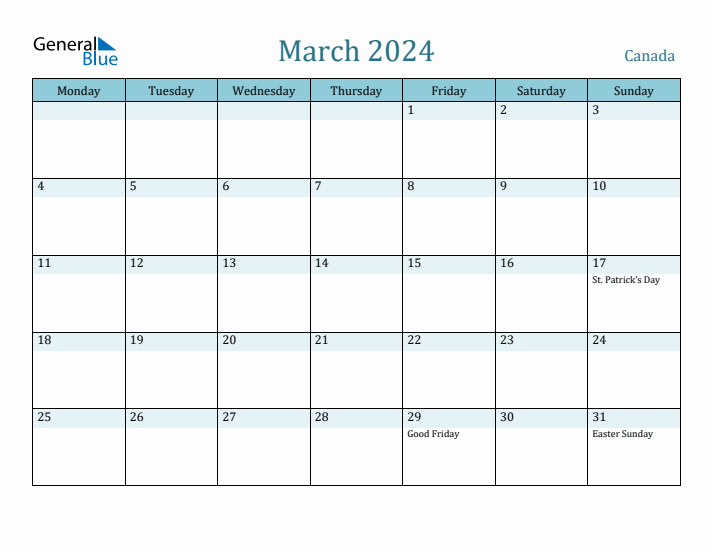 March 2024 Canada Monthly Calendar with Holidays