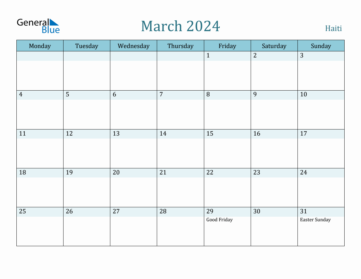 Haiti Holiday Calendar for March 2024