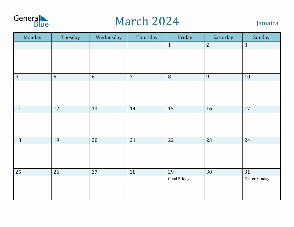 Jamaica Holiday Calendar for March 2024