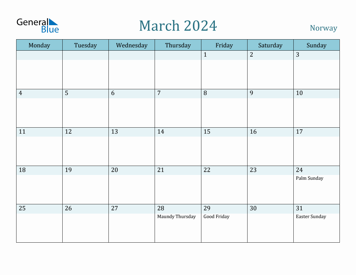 Norway Holiday Calendar for March 2024
