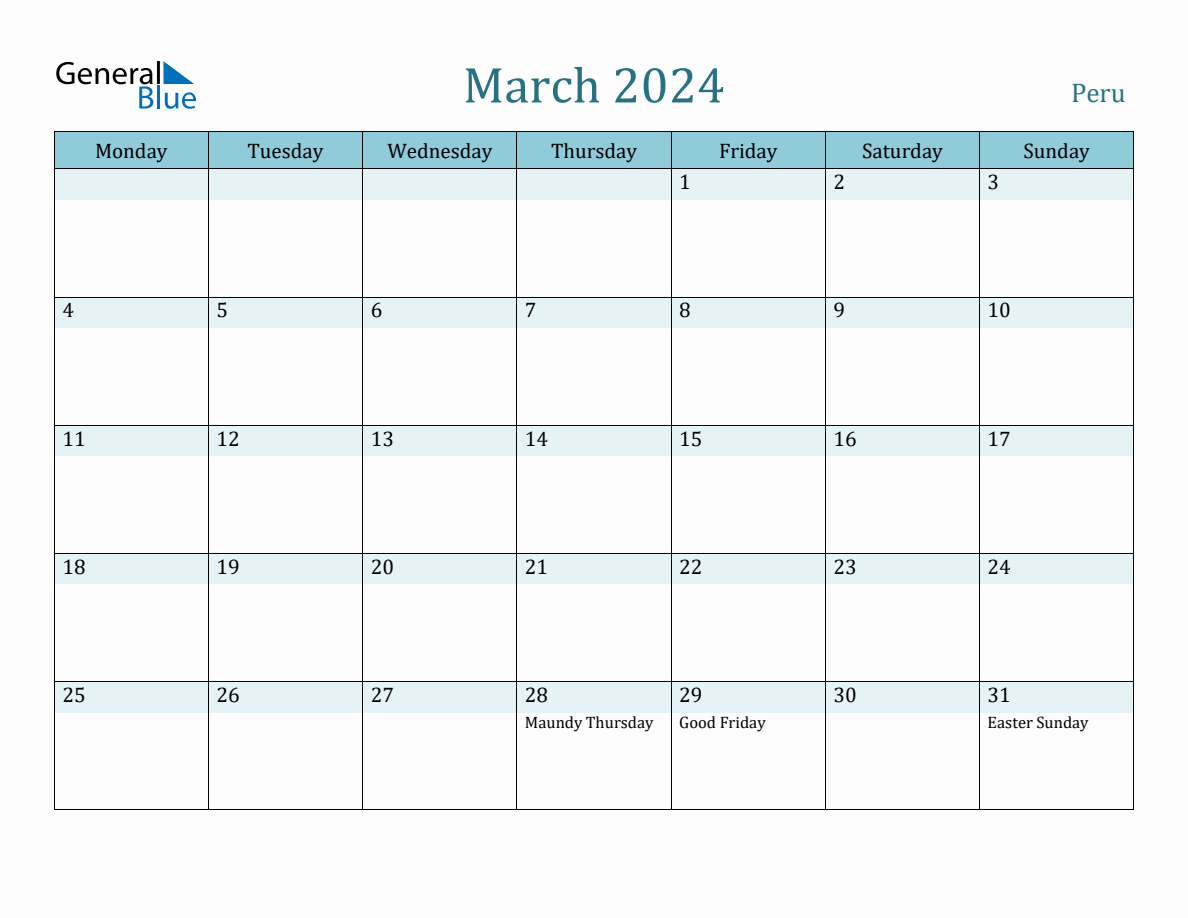Peru Holiday Calendar for March 2024
