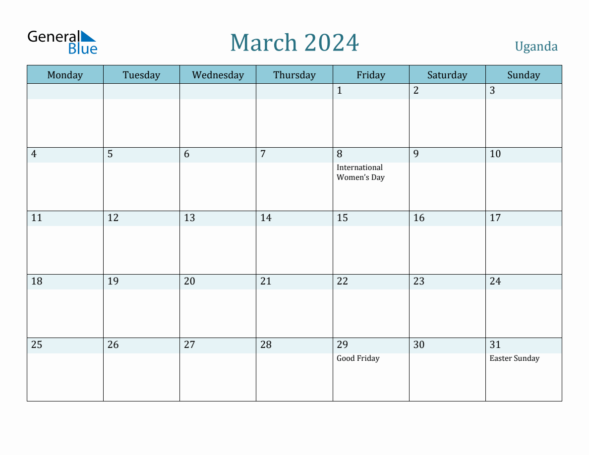 Uganda Holiday Calendar for March 2024