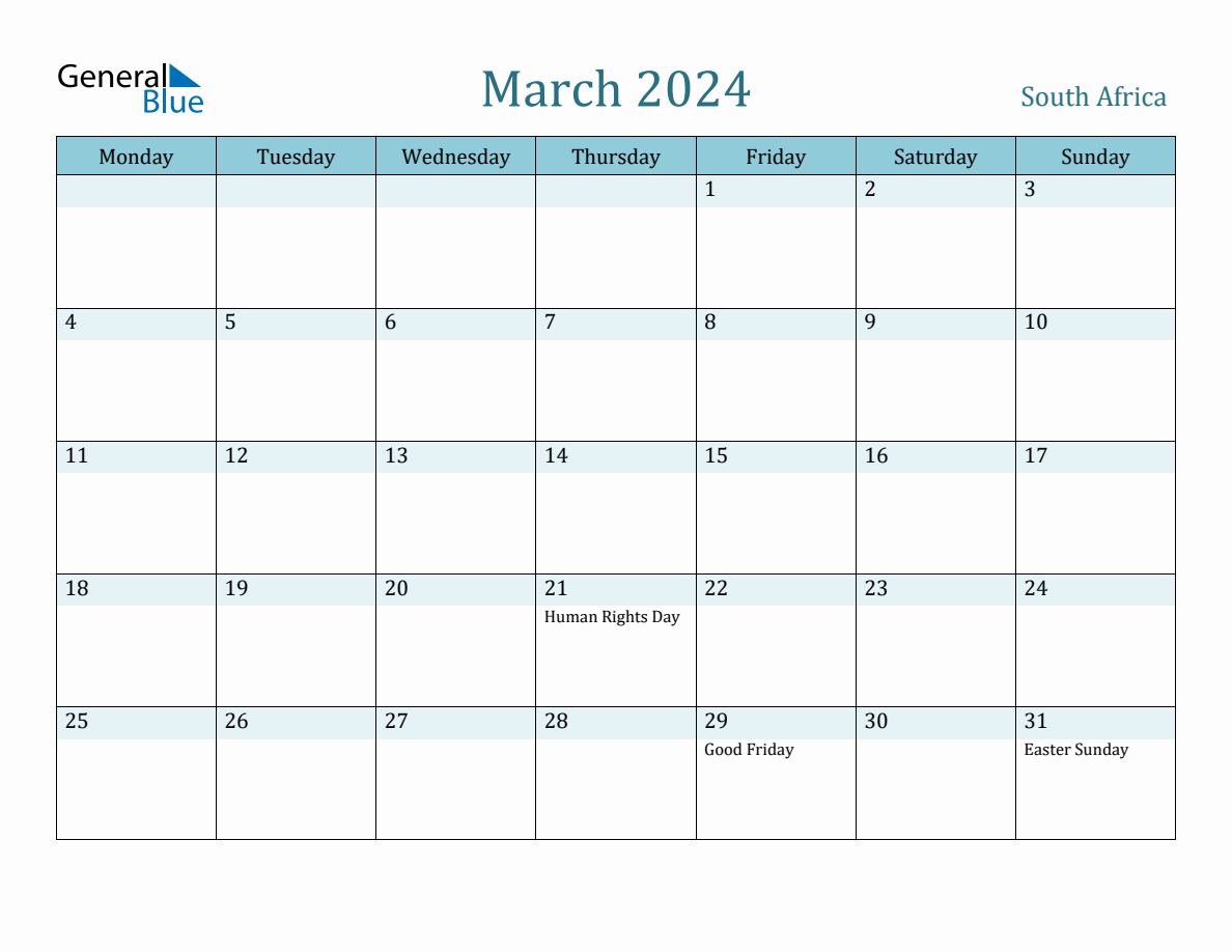 South Africa Holiday Calendar for March 2024