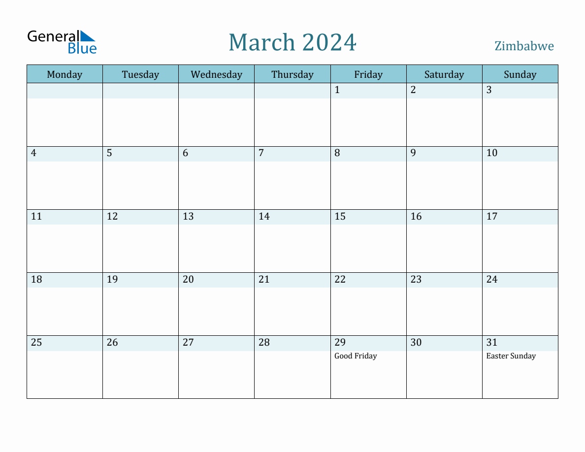 Zimbabwe Holiday Calendar for March 2024