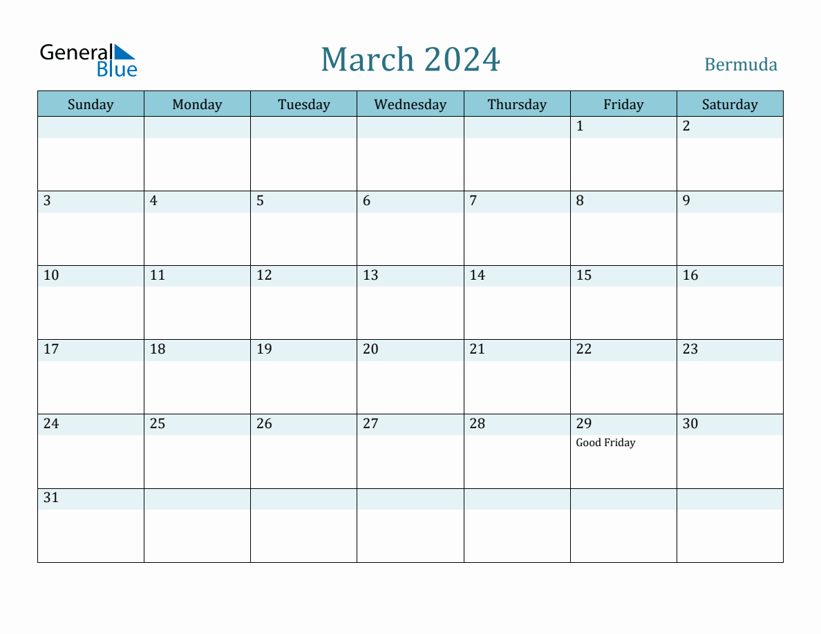 Bermuda Holiday Calendar for March 2024