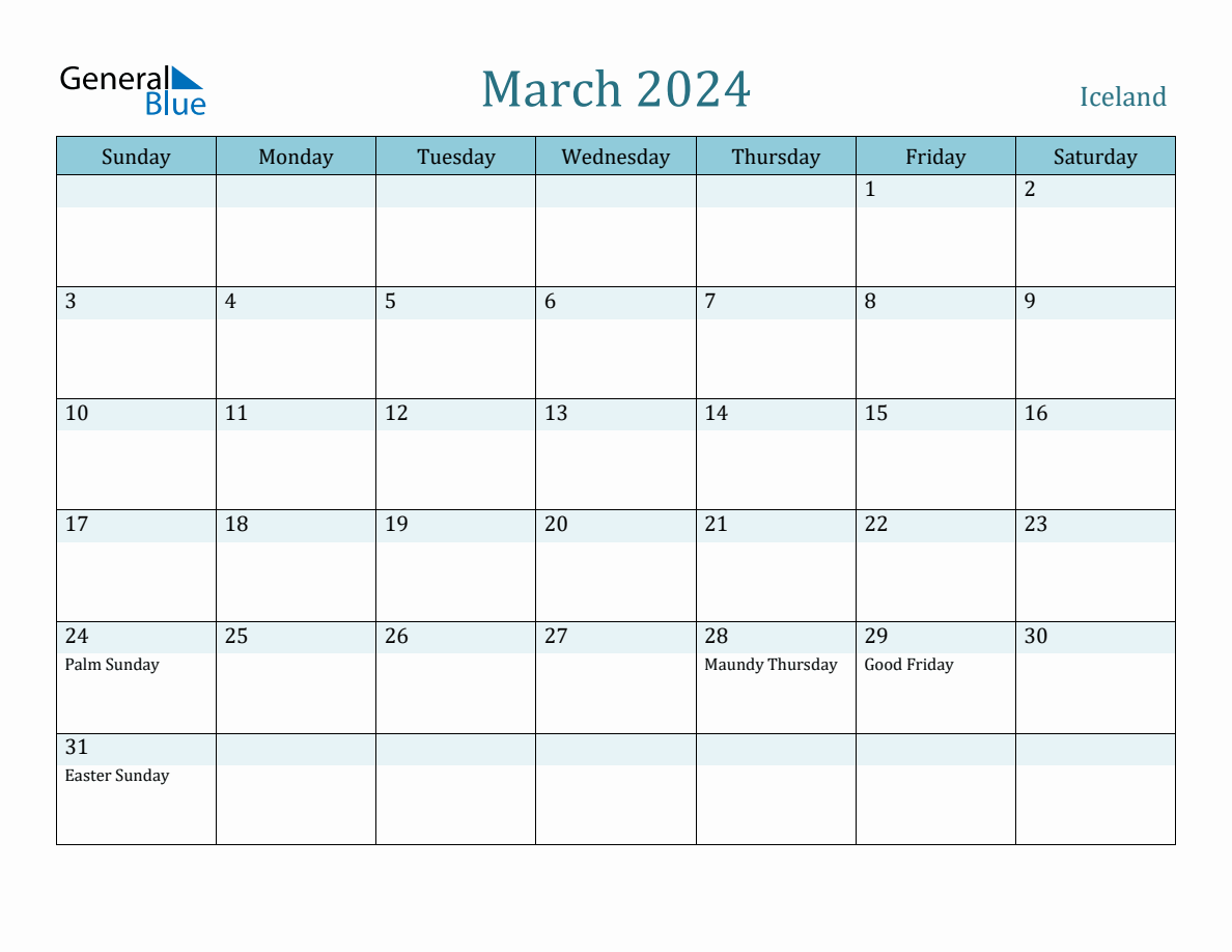 Iceland Holiday Calendar for March 2024