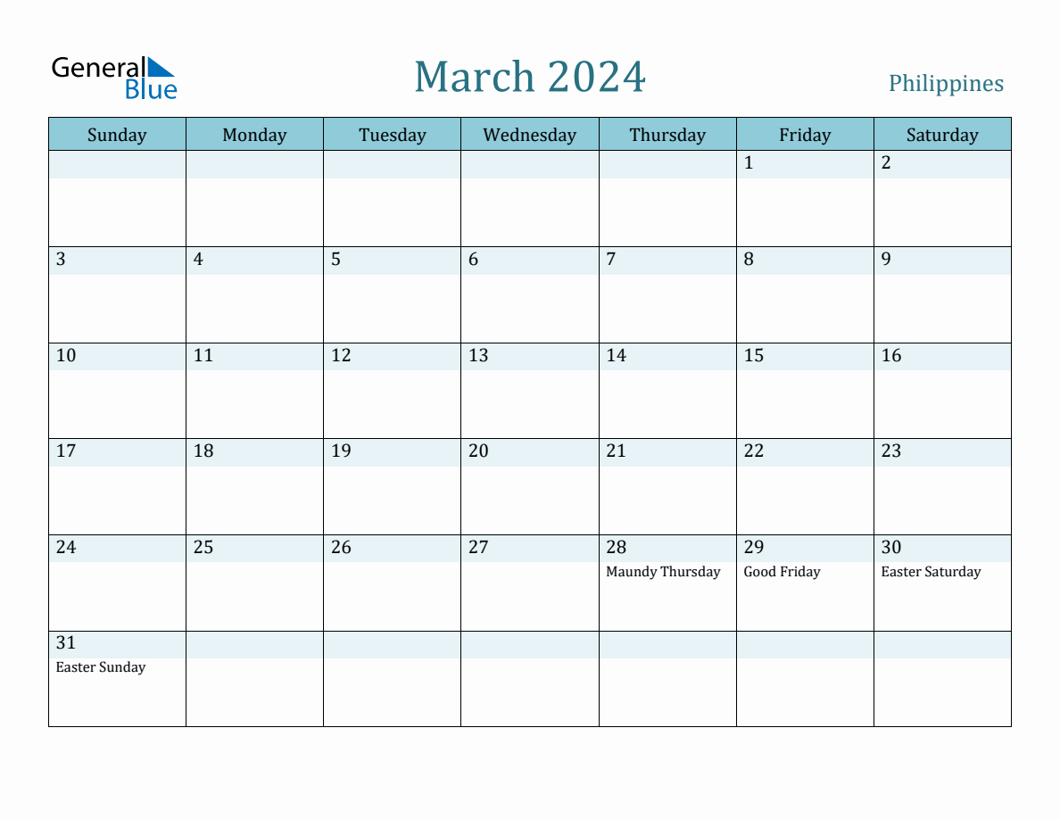 Philippines Holiday Calendar for March 2024