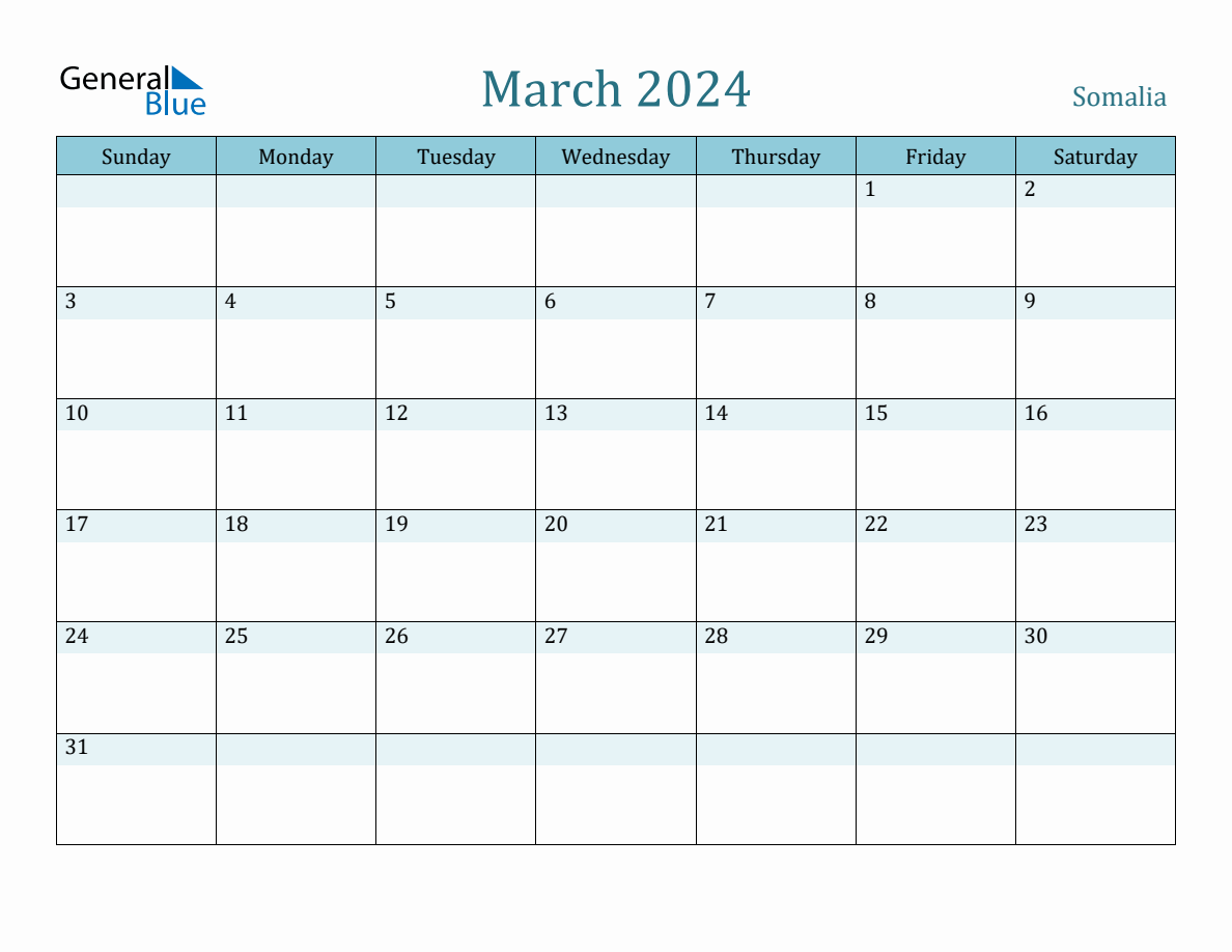 Somalia Holiday Calendar for March 2024