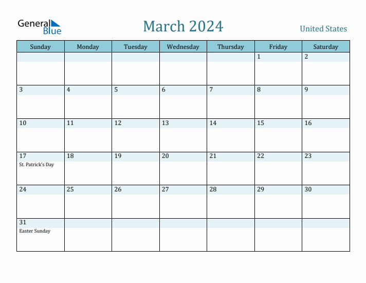 March 2024 Monthly Calendar with United States Holidays