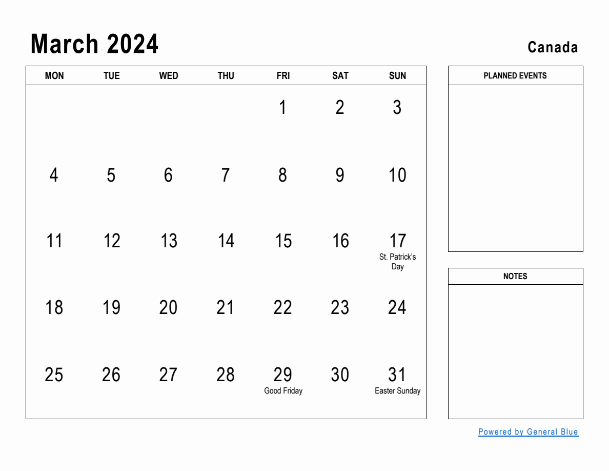 March 2024 Planner with Canada Holidays