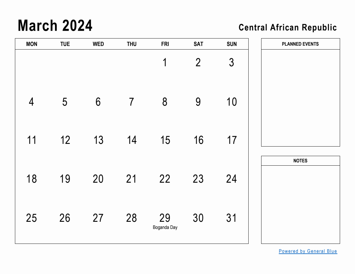 March 2024 Planner with Central African Republic Holidays