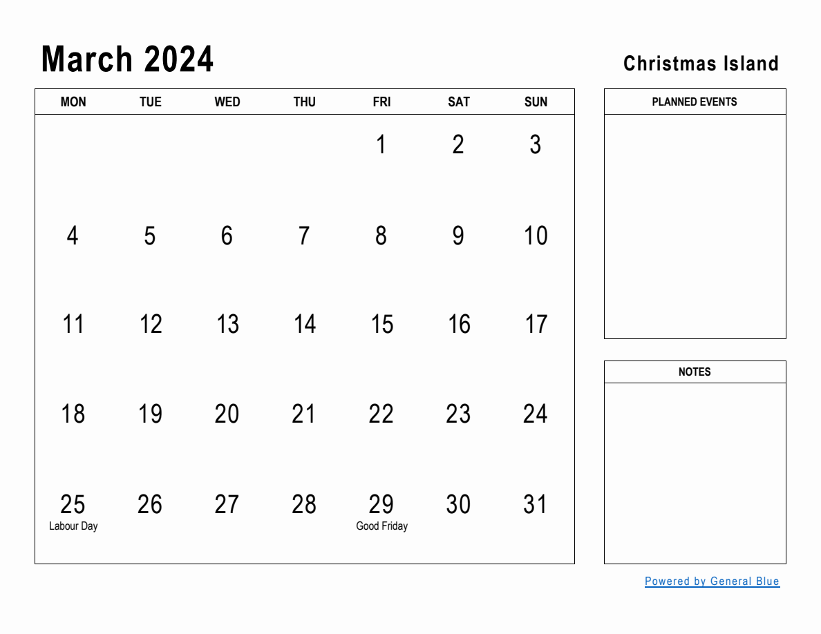 March 2024 Planner with Christmas Island Holidays