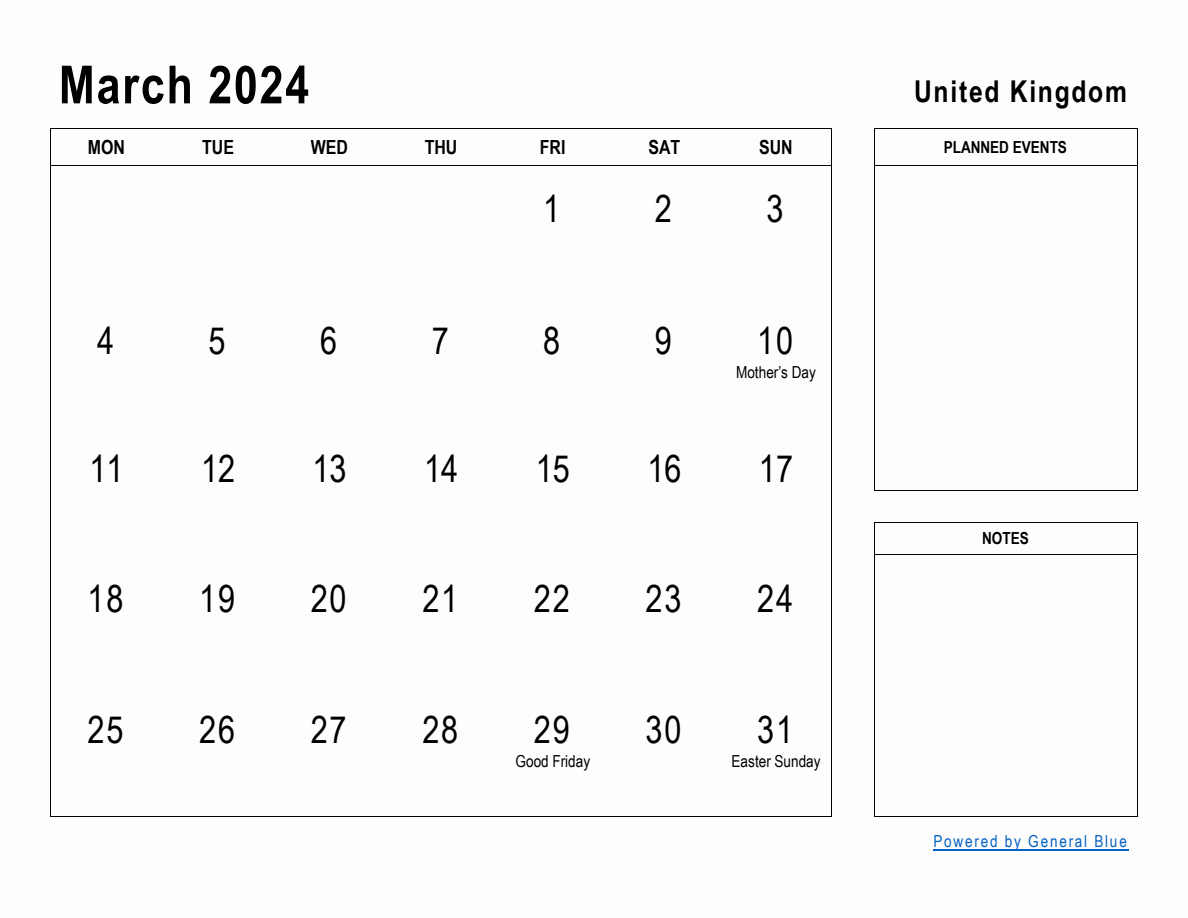 March 2024 Planner with United Kingdom Holidays