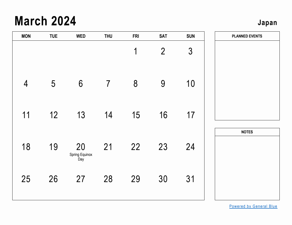 March 2024 Planner with Japan Holidays