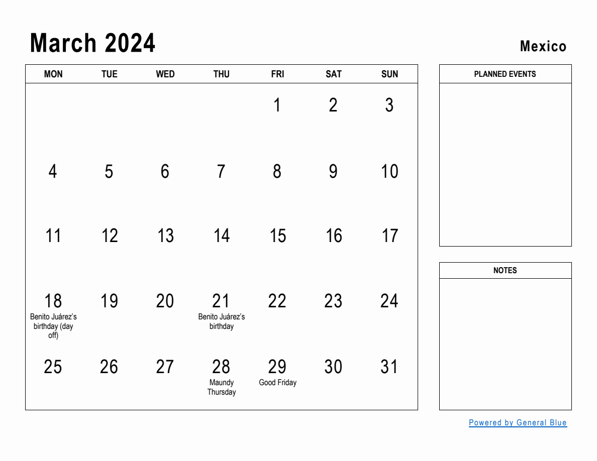 March 2024 Planner with Mexico Holidays
