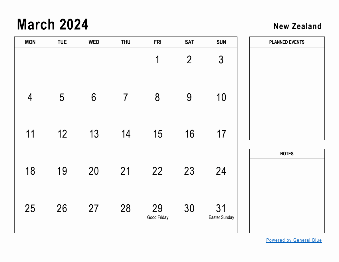 March 2024 Planner with New Zealand Holidays