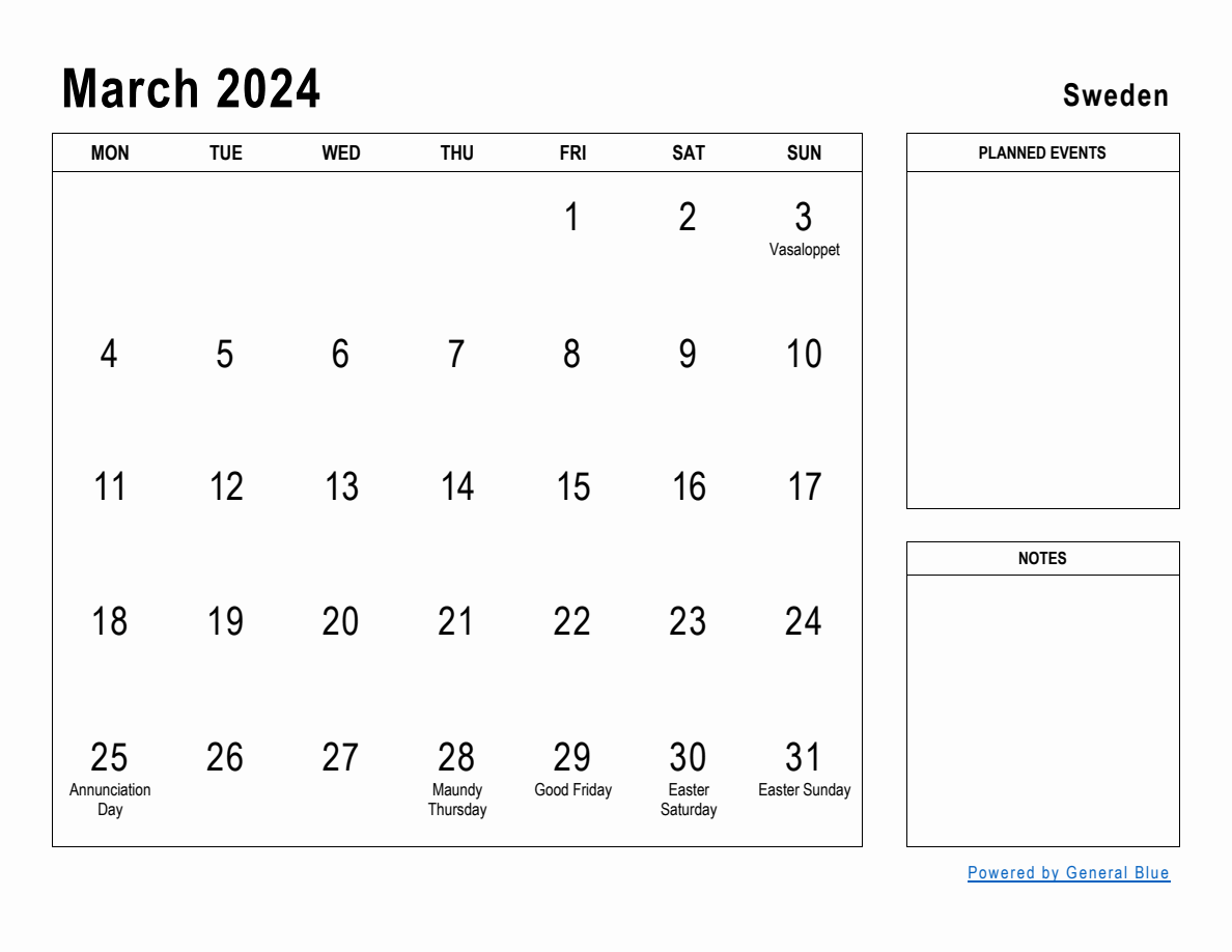 March 2024 Planner with Sweden Holidays