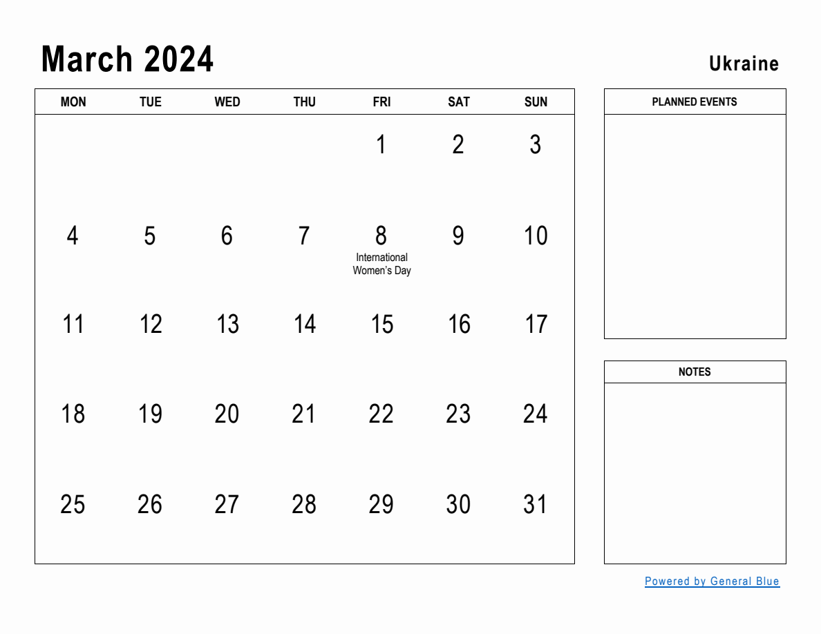 March 2024 Planner with Ukraine Holidays