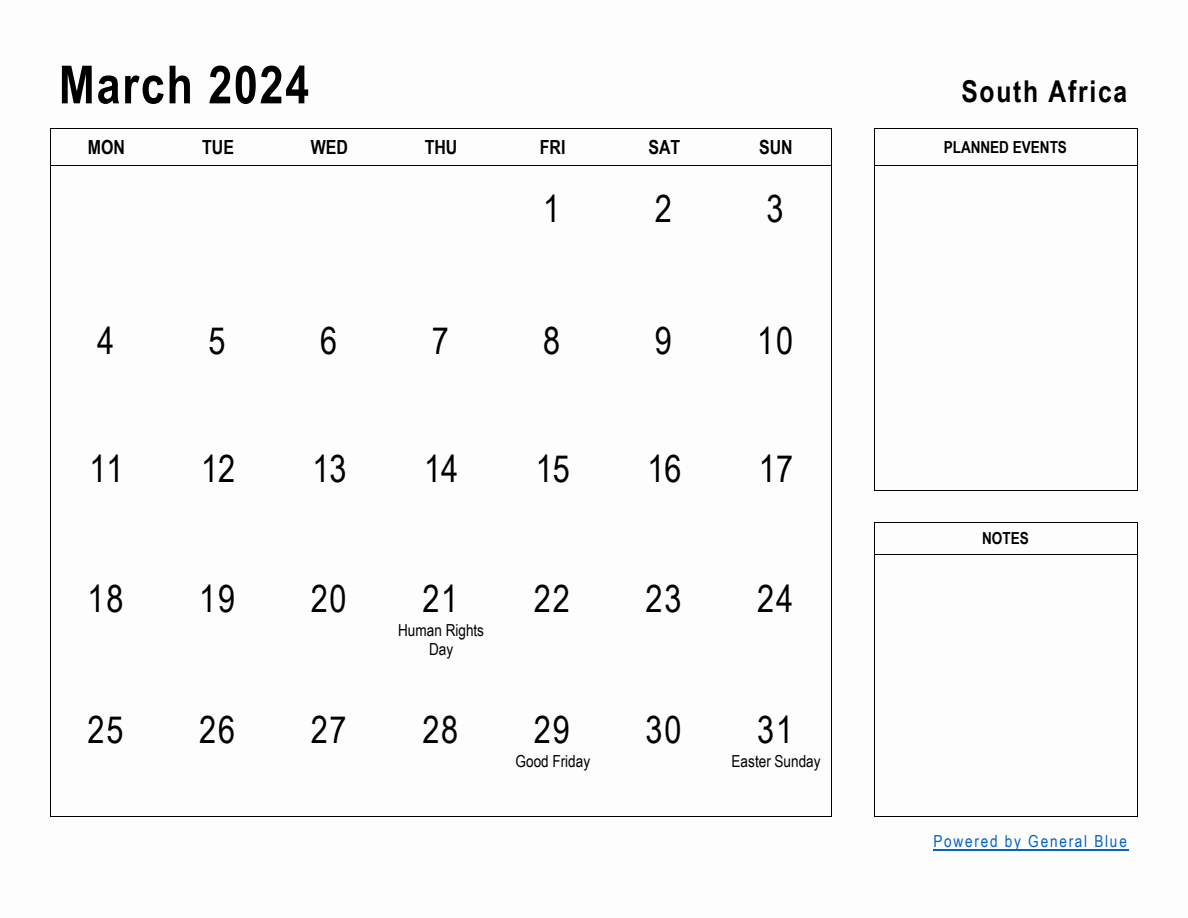 March 2024 Planner with South Africa Holidays