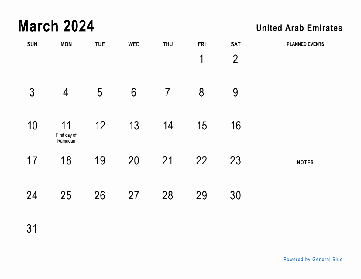 March 2024 Planner with United Arab Emirates Holidays