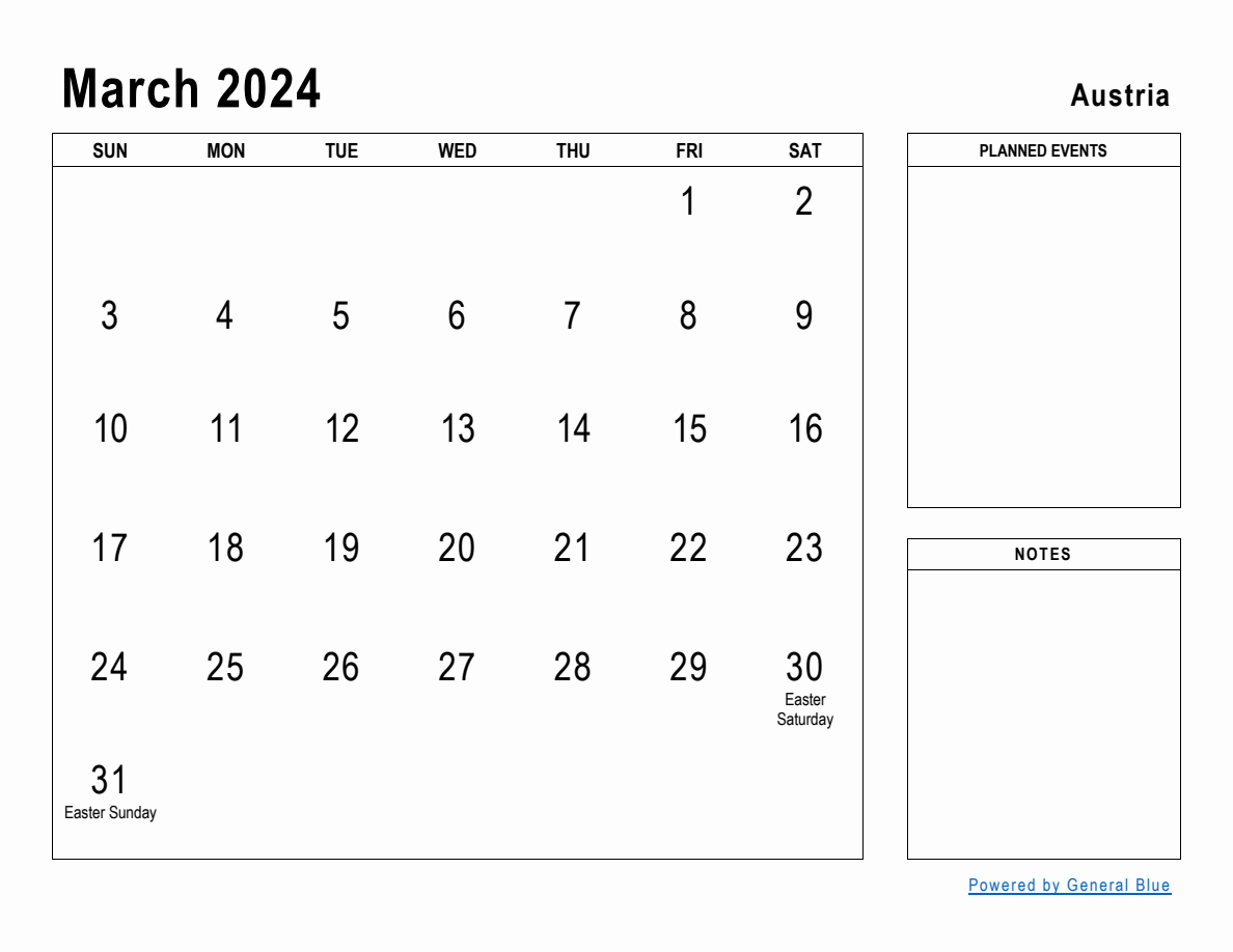 March 2024 Planner with Austria Holidays