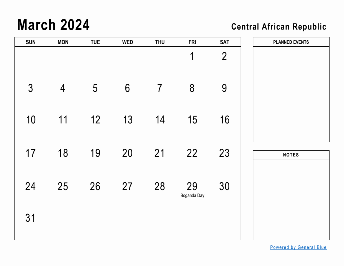 March 2024 Planner with Central African Republic Holidays