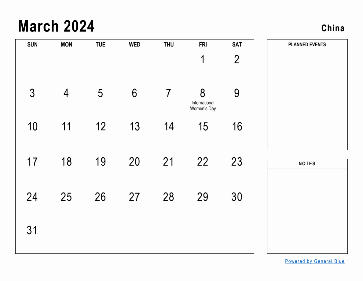 March 2024 Planner with China Holidays