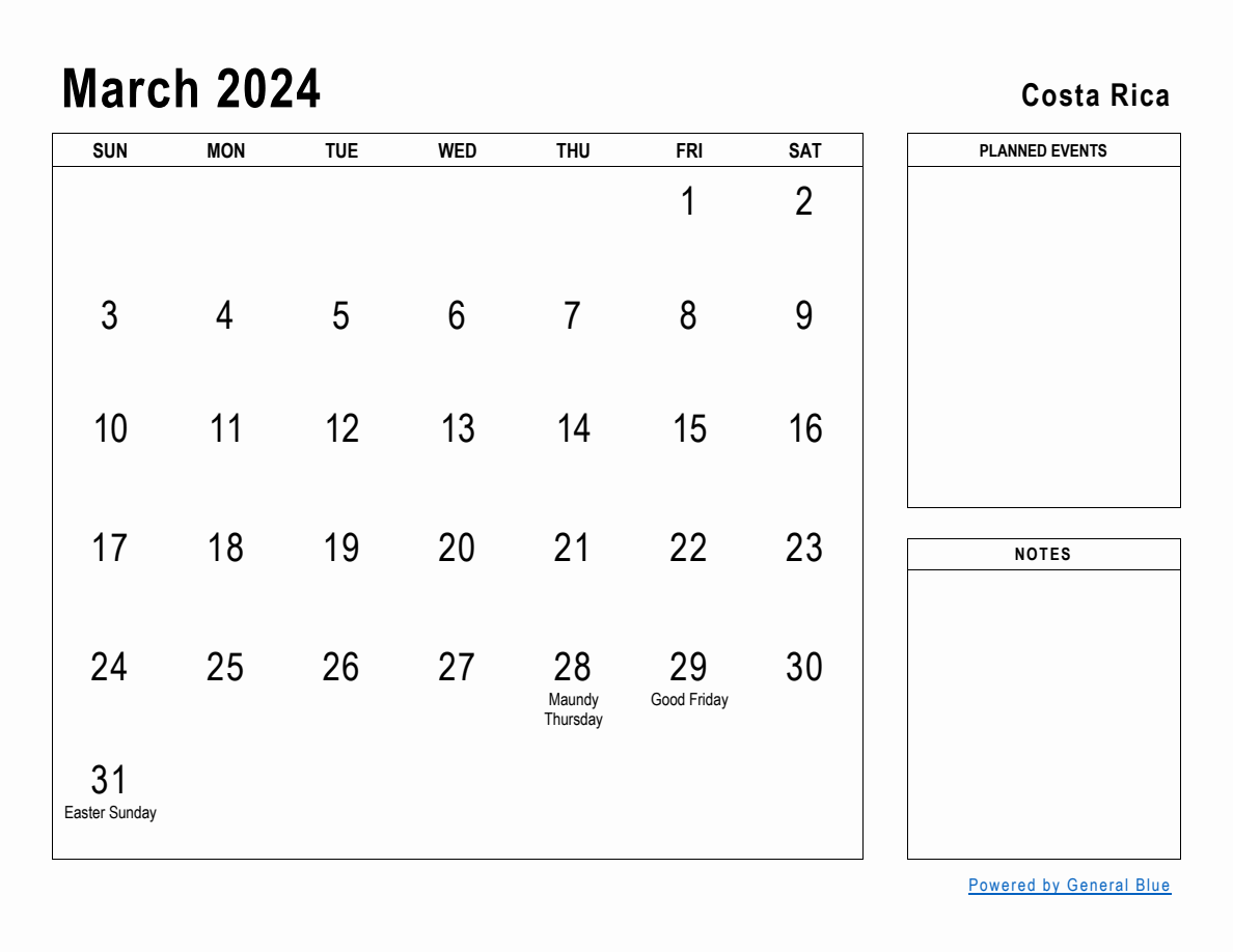 March 2024 Planner with Costa Rica Holidays