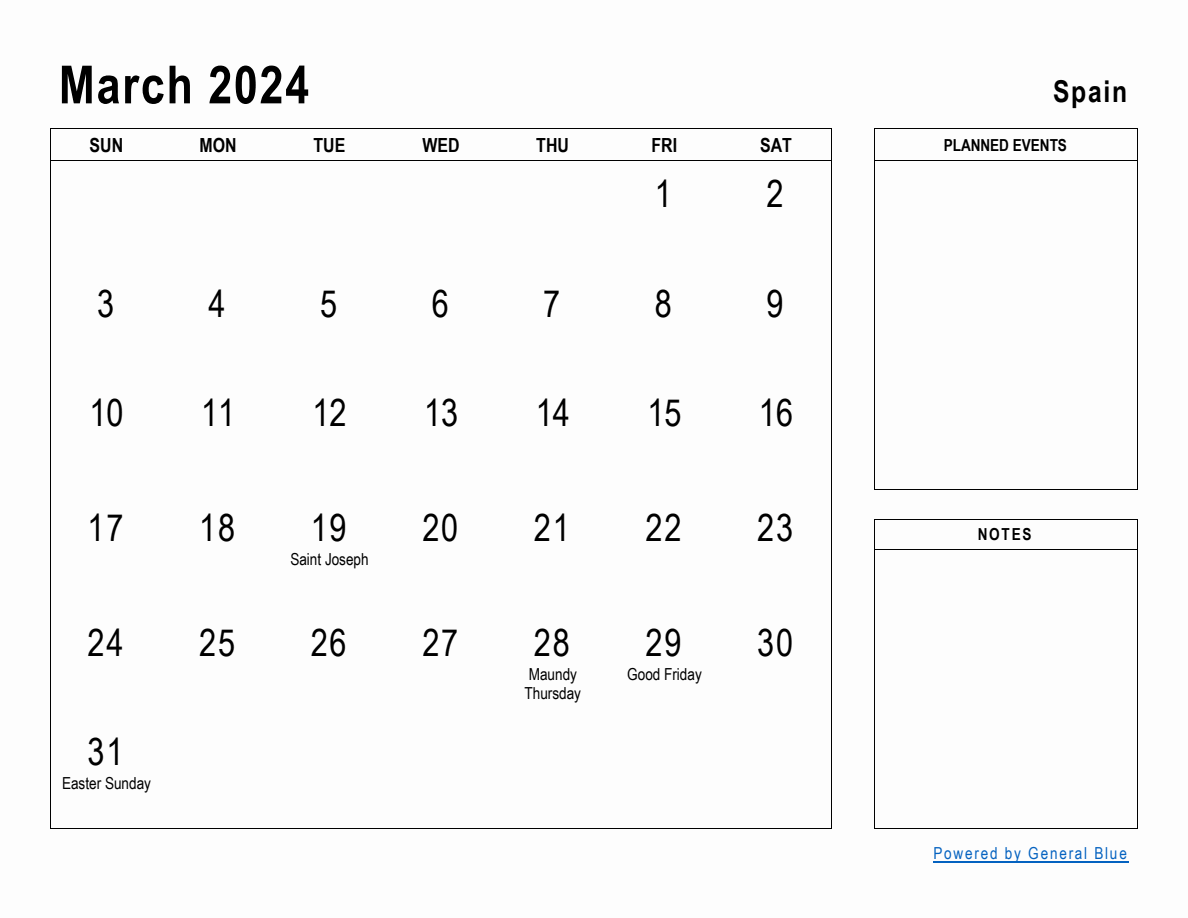 March 2024 Planner with Spain Holidays