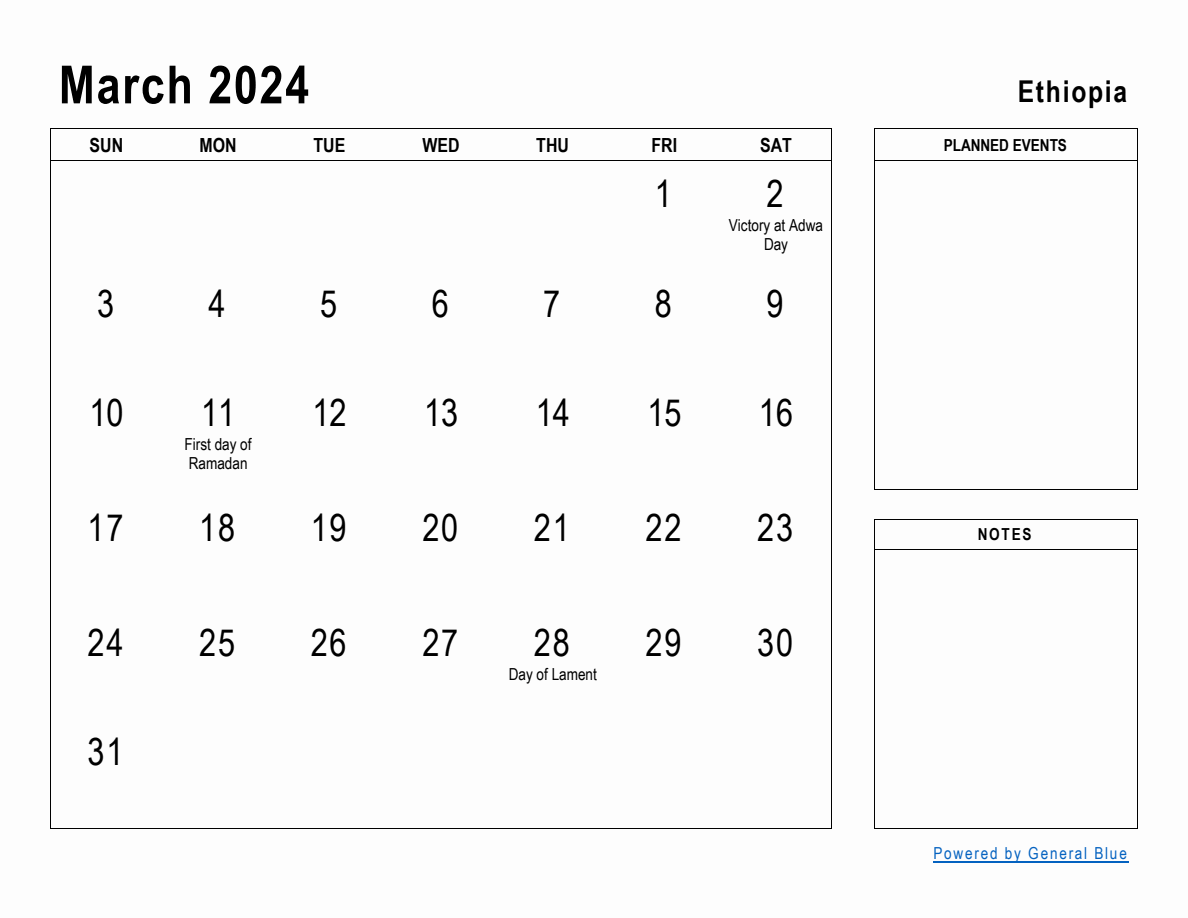 March 2024 Planner with Ethiopia Holidays