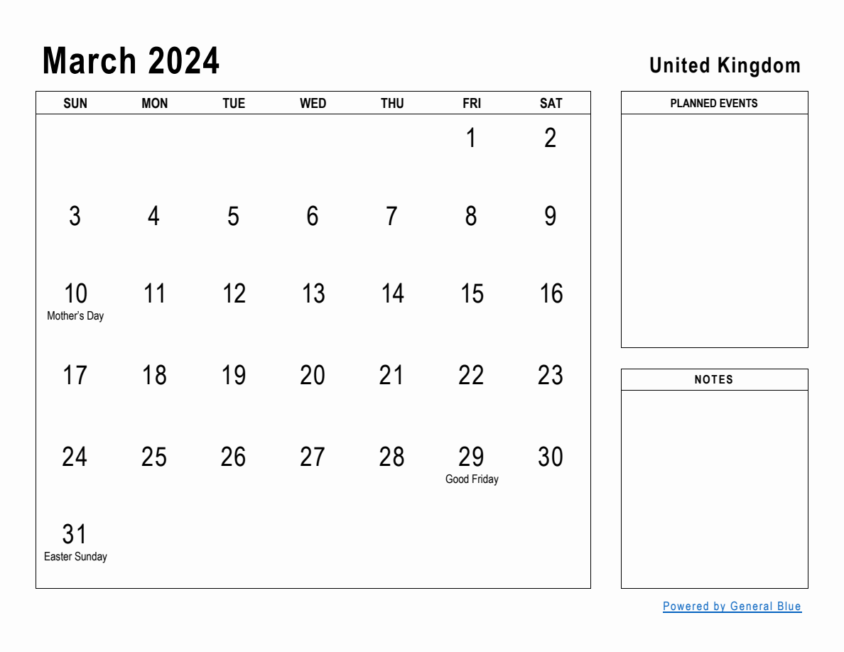 March 2024 Planner with United Kingdom Holidays