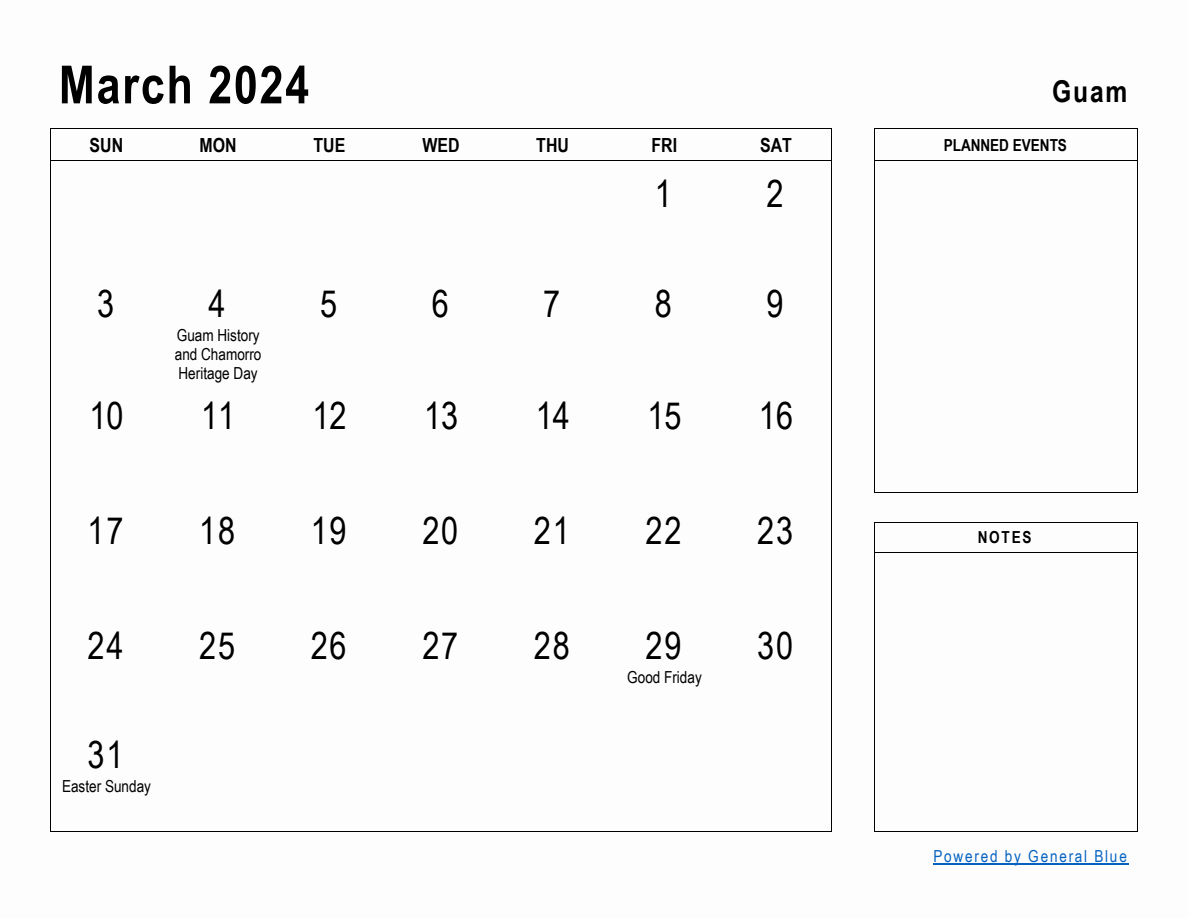 March 2024 Planner with Guam Holidays