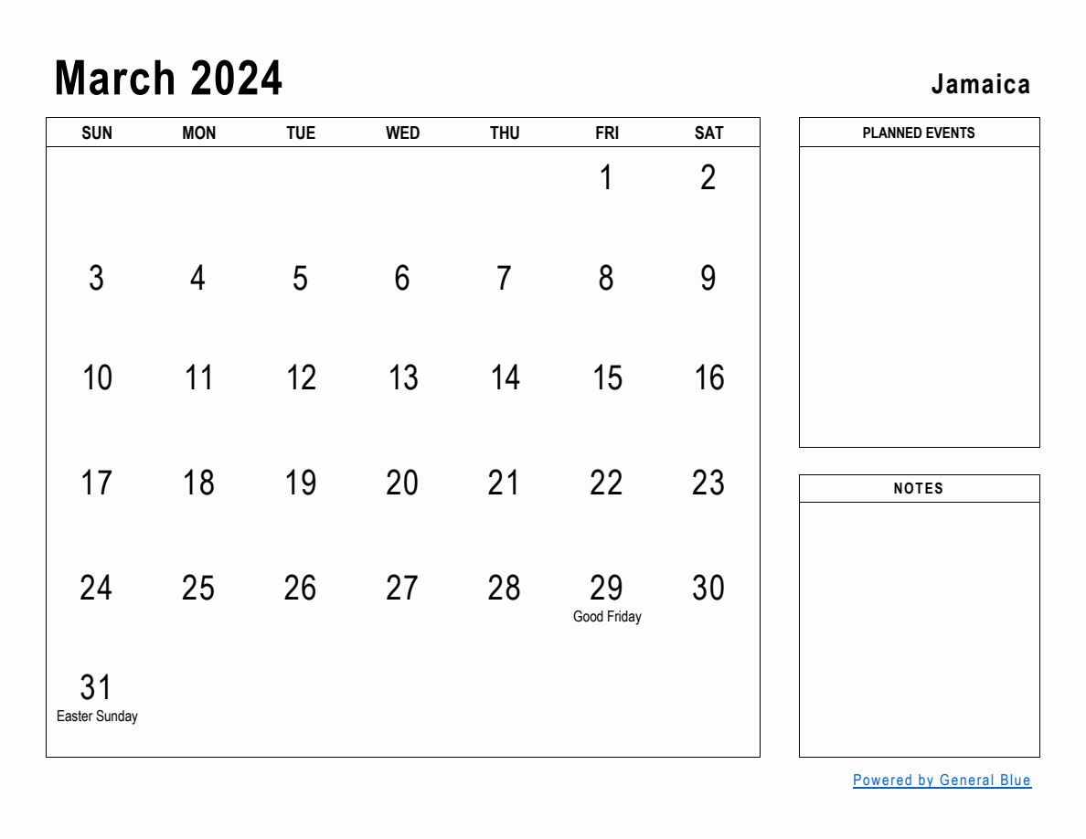 March 2024 Planner with Jamaica Holidays