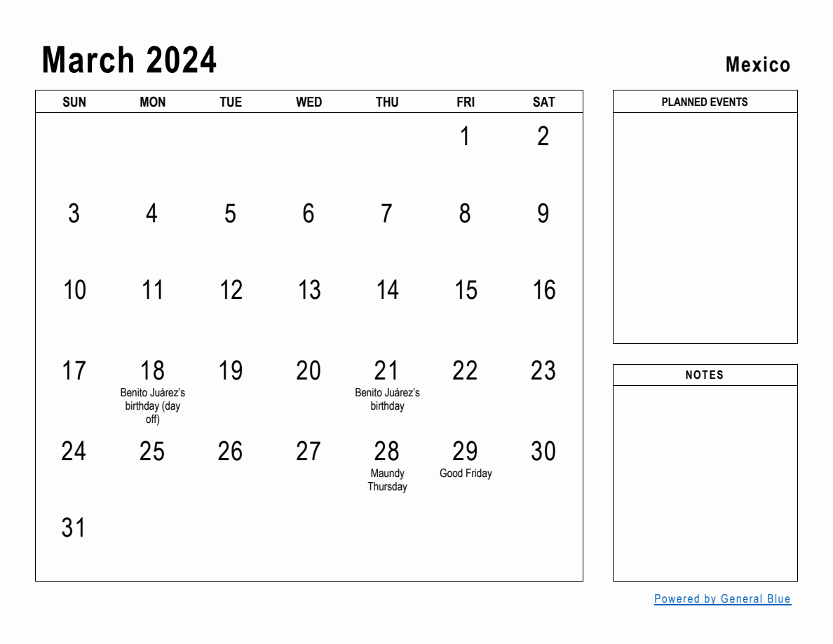 March 2024 Planner with Mexico Holidays