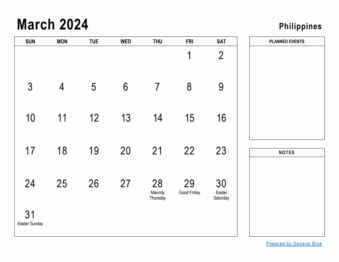 March 2024 Planner with Philippines Holidays