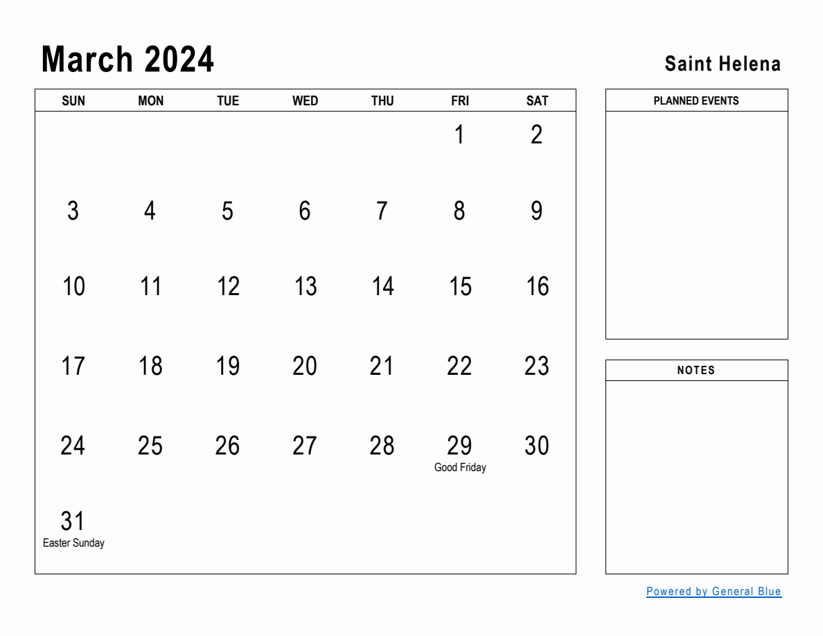 March 2024 Planner with Saint Helena Holidays