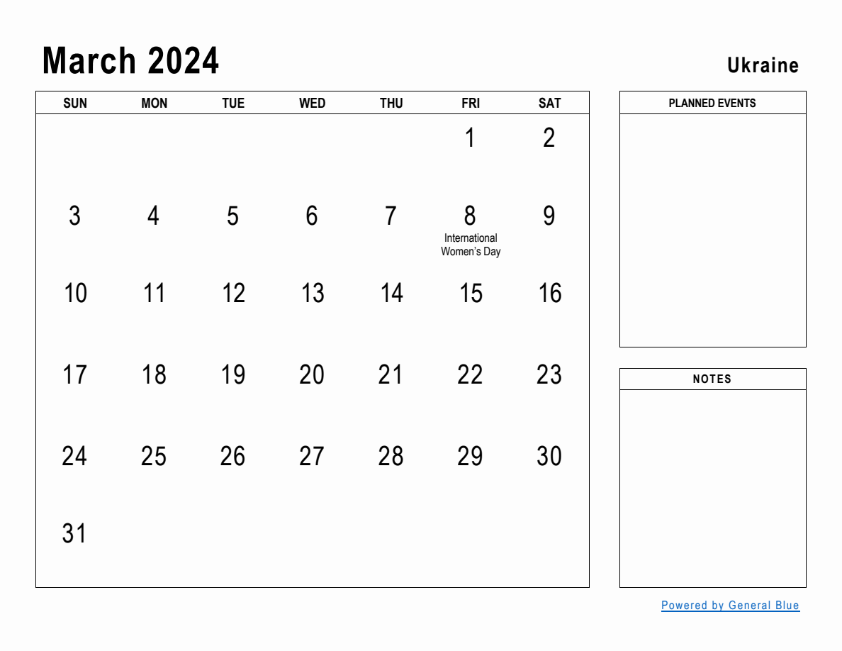 March 2024 Planner with Ukraine Holidays
