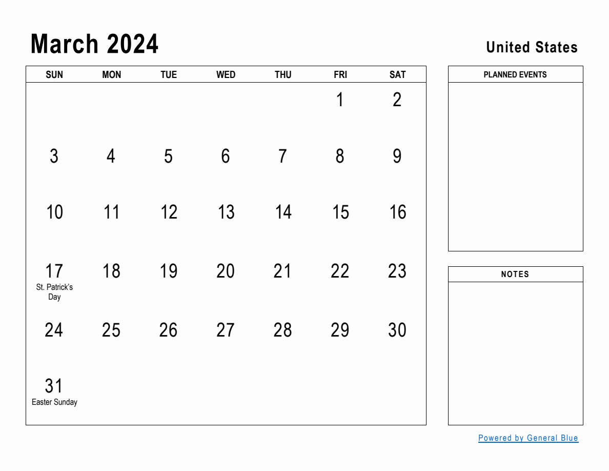 March 2024 Planner with United States Holidays