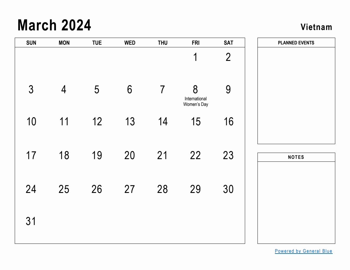 March 2024 Planner with Vietnam Holidays