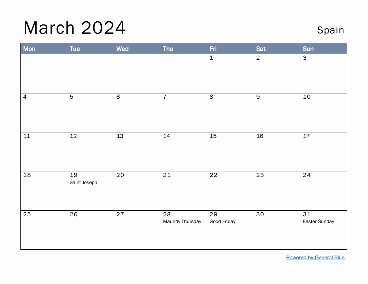 Free Monthly Calendar Template for March 2024 with Spain Holidays