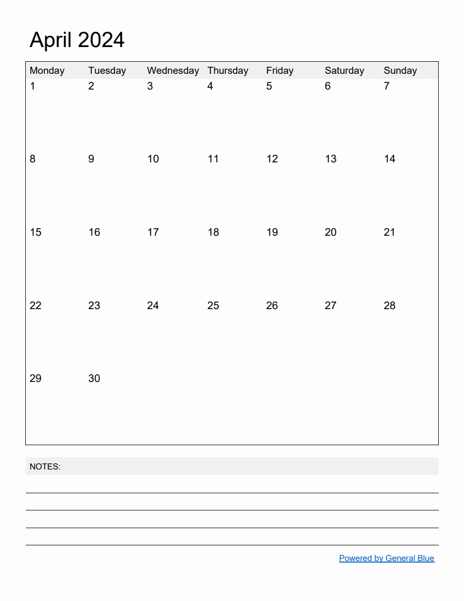 Free Printable Monthly Calendar for April 2024