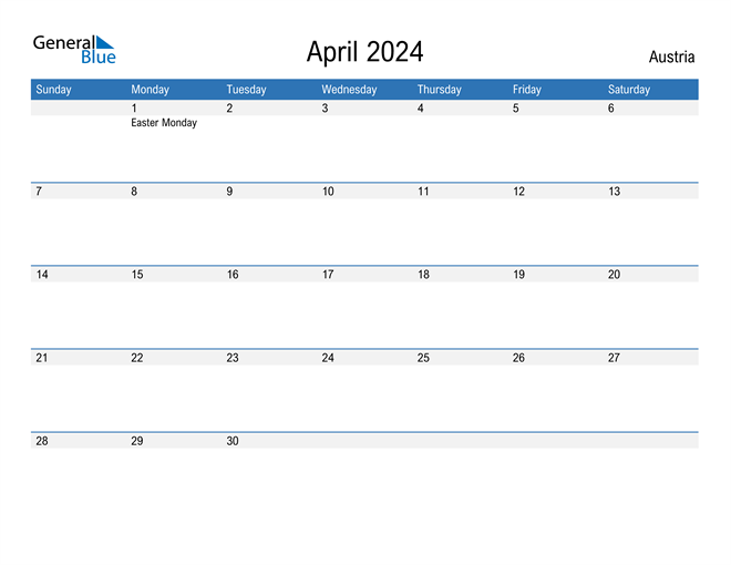 April 2024 Calendar With Austria Holidays