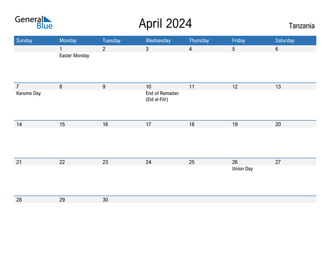 Tanzania April 2024 Calendar with Holidays