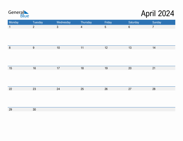 Fillable Calendar for April 2024
