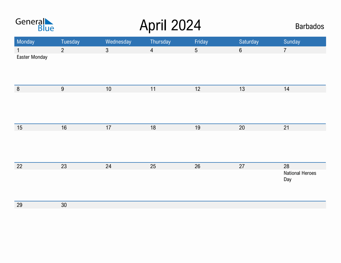 Editable April 2024 Calendar with Barbados Holidays