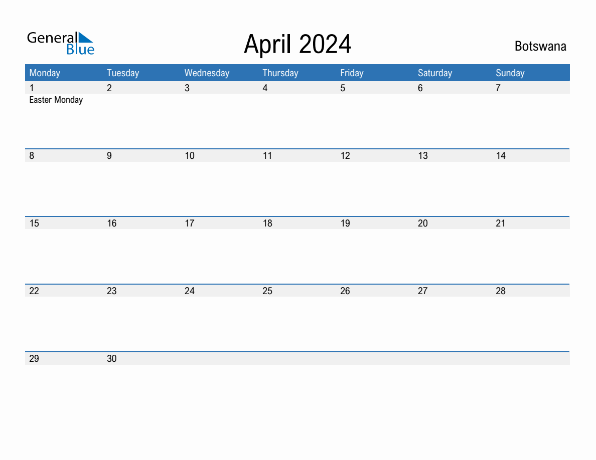 Editable April 2024 Calendar with Botswana Holidays