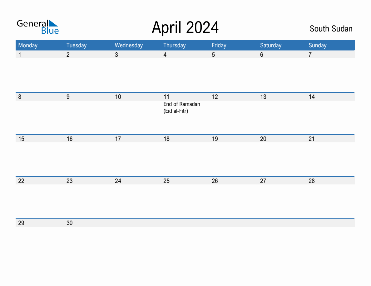 Editable April 2024 Calendar with South Sudan Holidays