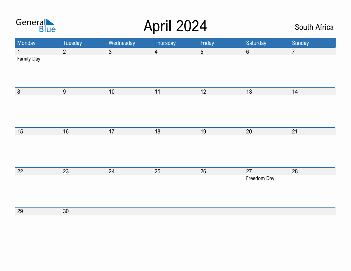 Editable April 2024 Calendar with South Africa Holidays